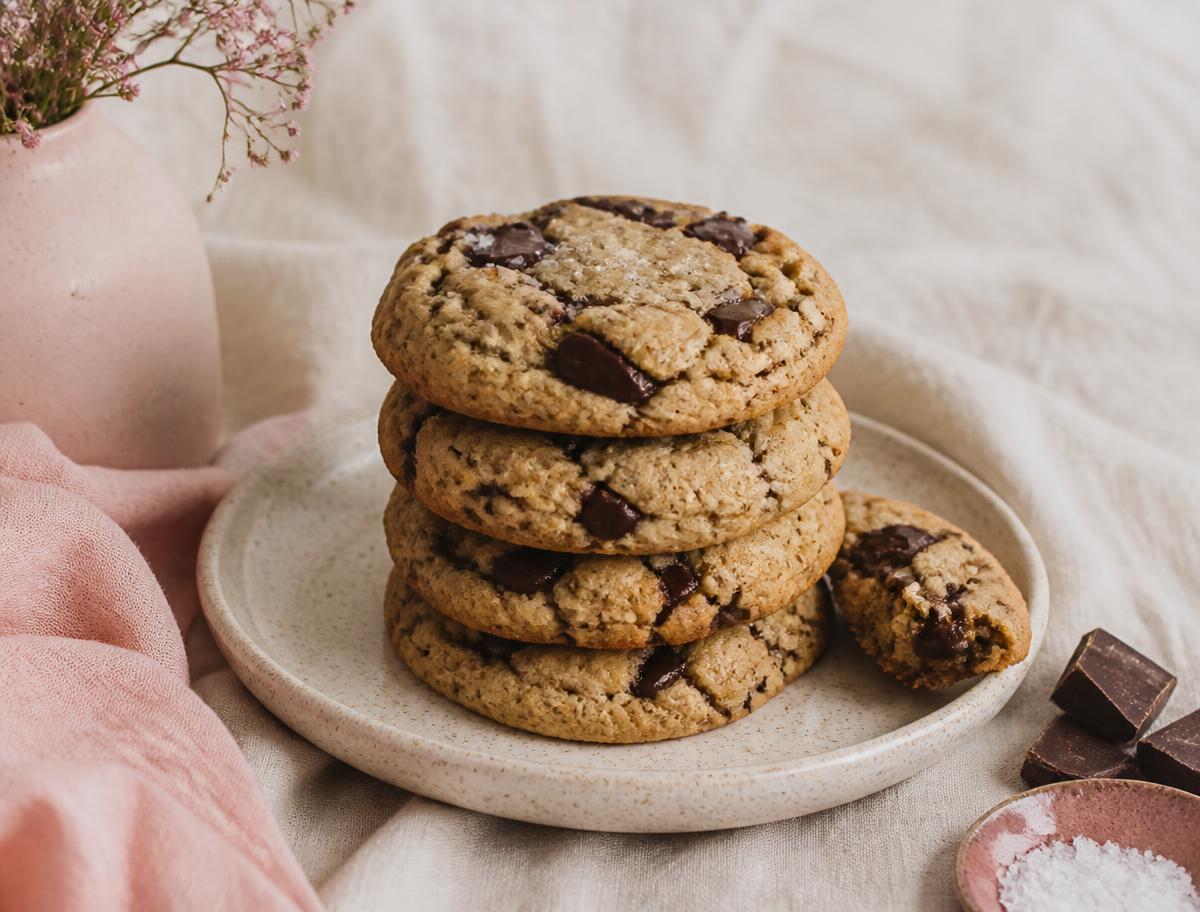 Stack of sourdough chocolate chip cookies on a speckled ceramic plate
